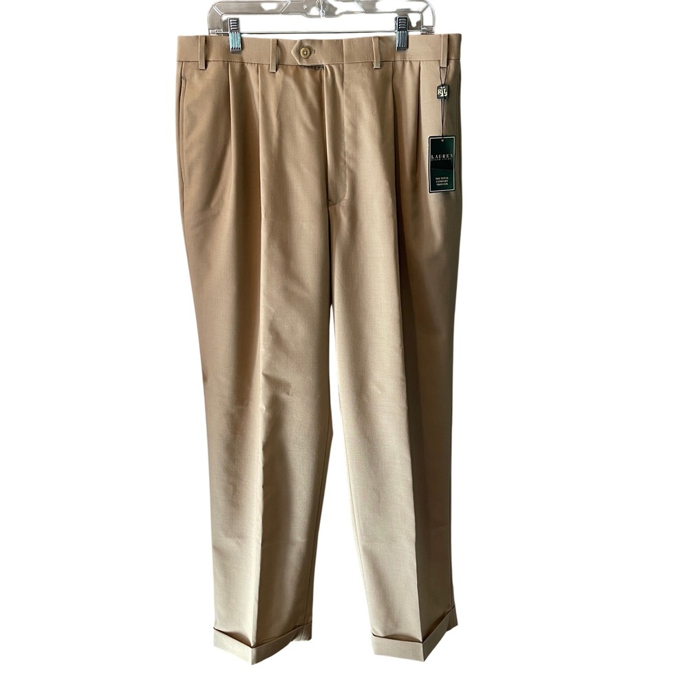 Lauren Ralph Lauren Mens 36x32 Tan 100% Wool Pleated Cuffed Dress Pants NWT